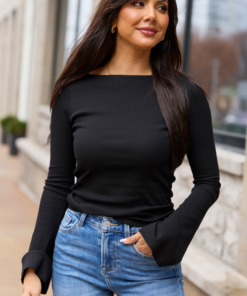 Roan Black Ribbed Long Bell Sleeve Top