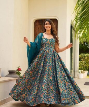 Women's Multi Silk Digital Print  V Neck Gown