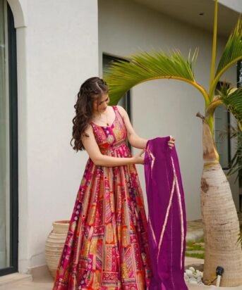 Women's Multi Color Silk Digital Print V Neck Gown