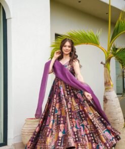 Women's Multi Silk Digital Print  V Neck Gown