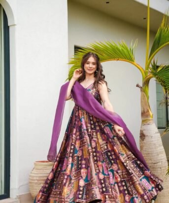 Women's Multi Silk Digital Print  V Neck Gown