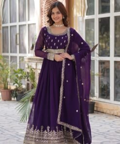 Women's Purple Faux Blooming Sequins Embroidered Rounk Nack Gown