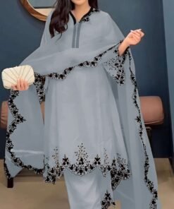 Women's Light Grey Embroidered Faux Georgette Free Size Stitched Pakistani Salwar Suit