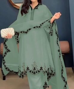Women's Light Green Embroidered Faux Georgette Free Size Stitched Pakistani Salwar Suit