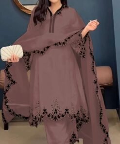 Women's Brown Embroidered Faux Georgette Free Size Stitched Pakistani Salwar Suit