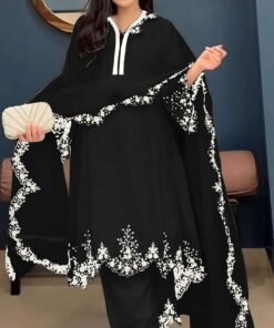 Women's Black Embroidered Faux Georgette Free Size Stitched Pakistani Salwar Suit