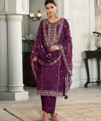 Women's Purple Embroidered Muga Silk Semi-Stitched Pakistani Salwar Suit