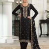 Women's Black Embroidered Muga Silk Semi-Stitched Pakistani Salwar Suit