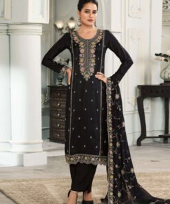 Women's Black Embroidered Muga Silk Semi-Stitched Pakistani Salwar Suit