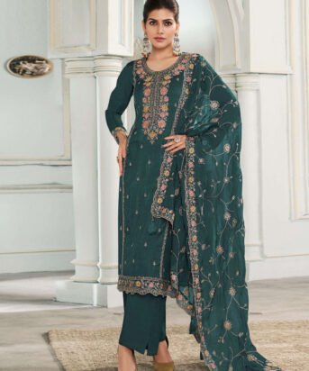 Women's Rama Embroidered Muga Silk Semi-Stitched Pakistani Salwar Suit