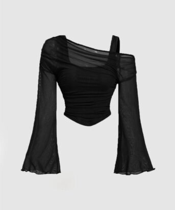 Party Ruched Off Shoulder Flared Full Sleeve Top in Black
