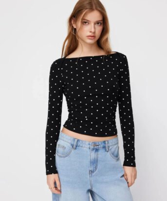 Polka Dot Boat Neck Slim Fit Full Sleeve Top in Black