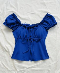 Puff Sleeve Off Shoulder Tie Front Peplum Top in Blue