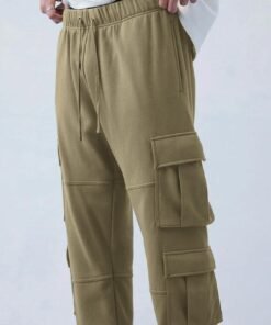 Men Relaxed Fit Terry Olive Straight Cargo Pants