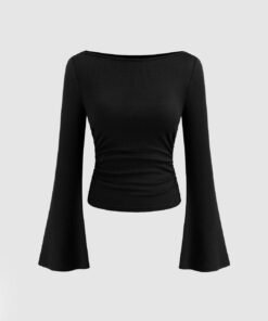 Round Neck Fitted Flared Sleeve Long Top in Black