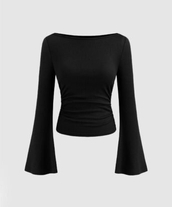 Round Neck Fitted Flared Sleeve Long Top in Black