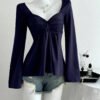 Ruched Bust Sweetheart Neck Full Sleeve Top in Navy Blue