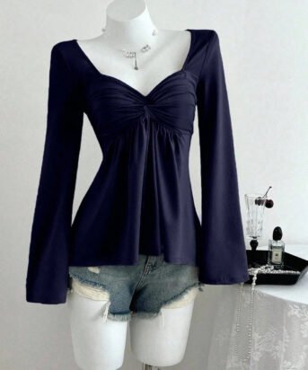 Ruched Bust Sweetheart Neck Full Sleeve Top in Navy Blue