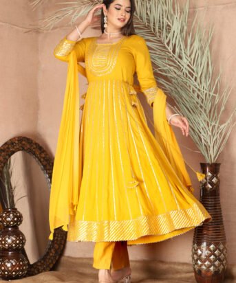 Yellow Gota Patti Work Anarkali Primum Rayon Kurta Pant Set with Chiffon Dupatta ?3 Piece Salwar Kameez-750080