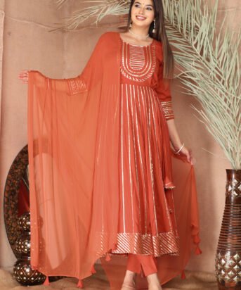 Orange Gota Patti Work Anarkali Primum Rayon Kurta Pant Set with Chiffon Dupatta ?3 Piece Salwar Kameez-750081