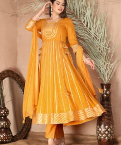 mustard Gota Patti Work Anarkali Primum Rayon Kurta Pant Set with Chiffon Dupatta ?3 Piece Salwar Kameez-750082