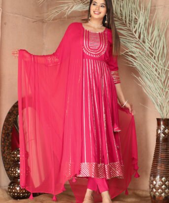 Pink Gota Patti Work Anarkali Primum Rayon Kurta Pant Set with Chiffon Dupatta ?3 Piece Salwar Kameez-750083