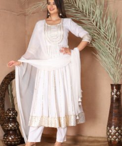 White Gota Patti Work Anarkali Primum Rayon Kurta Pant Set with Chiffon Dupatta ?3 Piece Salwar Kameez-750084