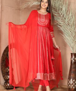 Red Gota Patti Work Anarkali Primum Rayon Kurta Pant Set with Chiffon Dupatta ?3 Piece Salwar Kameez-750085