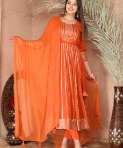 Orange Gota Patti Work Anarkali Primum Rayon Kurta Pant Set with Chiffon Dupatta ?3 Piece Salwar Kameez-750086