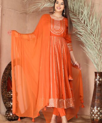 Orange Gota Patti Work Anarkali Primum Rayon Kurta Pant Set with Chiffon Dupatta ?3 Piece Salwar Kameez-750086