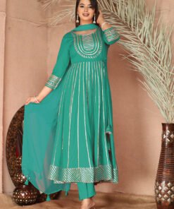 turquoise Gota Patti Work Anarkali Primum Rayon Kurta Pant Set with Chiffon Dupatta ?3 Piece Salwar Kameez-750088