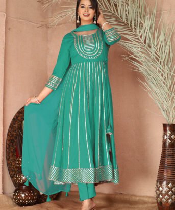 turquoise Gota Patti Work Anarkali Primum Rayon Kurta Pant Set with Chiffon Dupatta ?3 Piece Salwar Kameez-750088