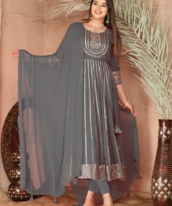 Grey Gota Patti Work Anarkali Primum Rayon Kurta Pant Set with Chiffon Dupatta ?3 Piece Salwar Kameez-750089