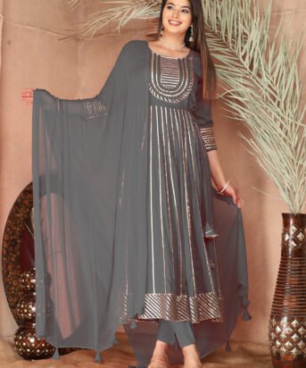 Grey Gota Patti Work Anarkali Primum Rayon Kurta Pant Set with Chiffon Dupatta ?3 Piece Salwar Kameez-750089