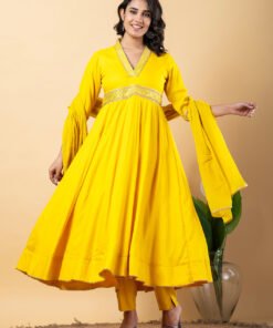 Yellow Gota Patti Work Anarkali Premium Rayon Kurta Pant Set with Cotton Dupatta?3 Piece Salwar Kameez-750093