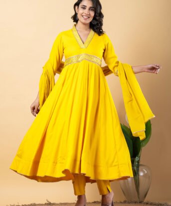 Yellow Gota Patti Work Anarkali Premium Rayon Kurta Pant Set with Cotton Dupatta?3 Piece Salwar Kameez-750093