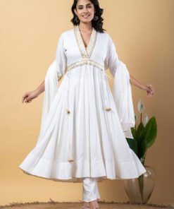 White Gota Patti Work Anarkali Premium Rayon Kurta Pant Set with Cotton Dupatta?3 Piece Salwar Kameez-750095