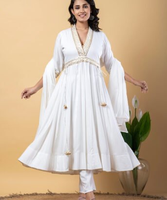 White Gota Patti Work Anarkali Premium Rayon Kurta Pant Set with Cotton Dupatta?3 Piece Salwar Kameez-750095