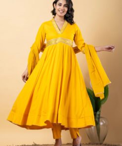 Yellow Gota Patti Work Anarkali Premium Rayon Kurta Pant Set with Cotton Dupatta?3 Piece Salwar Kameez-750098