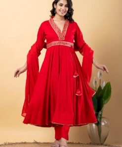 Red Gota Patti Work Anarkali Premium Rayon Kurta Pant Set with Cotton Dupatta?3 Piece Salwar Kameez-750099