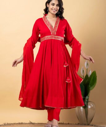 Red Gota Patti Work Anarkali Premium Rayon Kurta Pant Set with Cotton Dupatta?3 Piece Salwar Kameez-750099