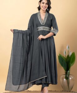 Grey Gota Patti Work Anarkali Premium Rayon Kurta Pant Set with Cotton Dupatta?3 Piece Salwar Kameez-750100