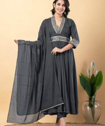 Grey Gota Patti Work Anarkali Premium Rayon Kurta Pant Set with Cotton Dupatta?3 Piece Salwar Kameez-750100