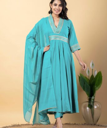 turquoise Gota Patti Work Anarkali Premium Rayon Kurta Pant Set with Cotton Dupatta?3 Piece Salwar Kameez-750103