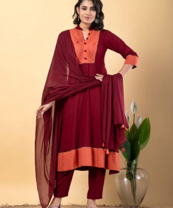 Maroon Gota Patti Work Premium Rayon Kurta Pant Set with Cotton Dupatta?3 Piece Salwar Kameez Suit Set-750108