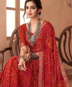 Women's Chiffon Red Embellished Designer Saree With Blouse Piece