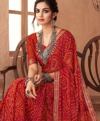 Women's Chiffon Red Embellished Designer Saree With Blouse Piece