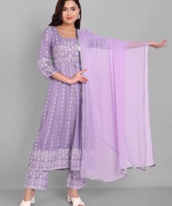 Women's Rayon Printed Embroidered Anarkali Kurta And Pant With Chiffon Dupatta Set