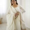 Women's White Chinon Silk Thread With sequence Work Anarkali Set