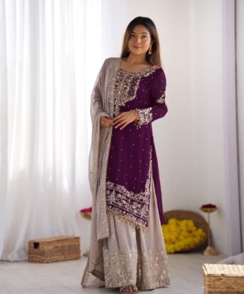 Women's Wine Faux Georgette Thread Sequence Embroidery  Pakistani Suit